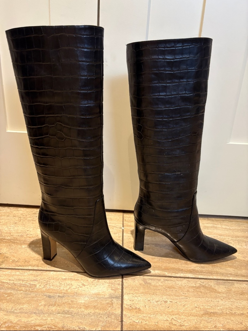 Aldo Black Croc-Embossed Knee-High Heeled Boots